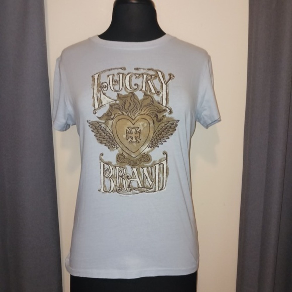 Lucky‎ Brand Y2K Light Blue Graphic Fitted T Shirt Short Sleeve Size Medium